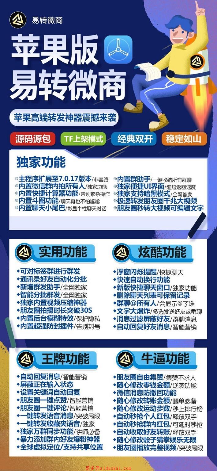 【苹果易转微商】TF上架新品双开一键转发分身多开群发加人激活码授权