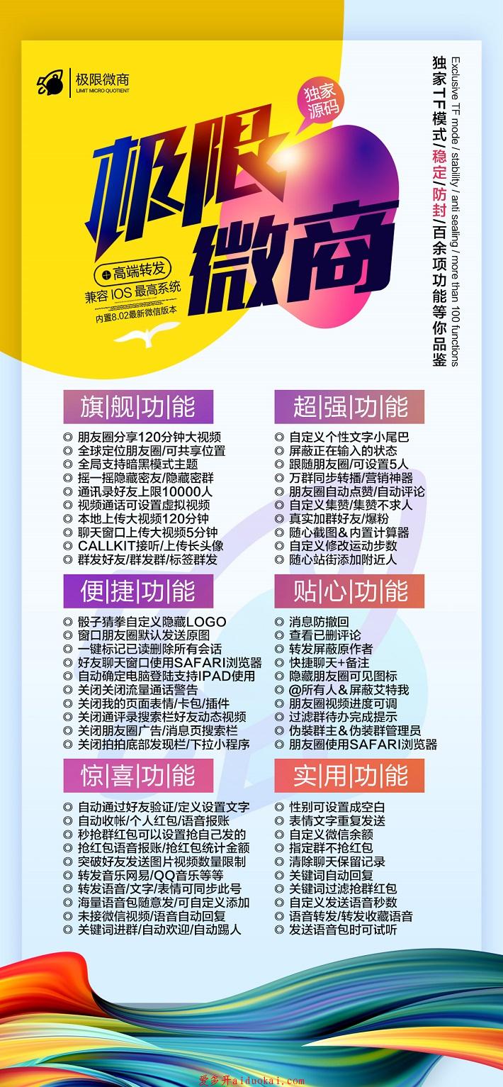 【极限微商】苹果高端TF双开微信 群发一键转发朋友圈 好友上限10000