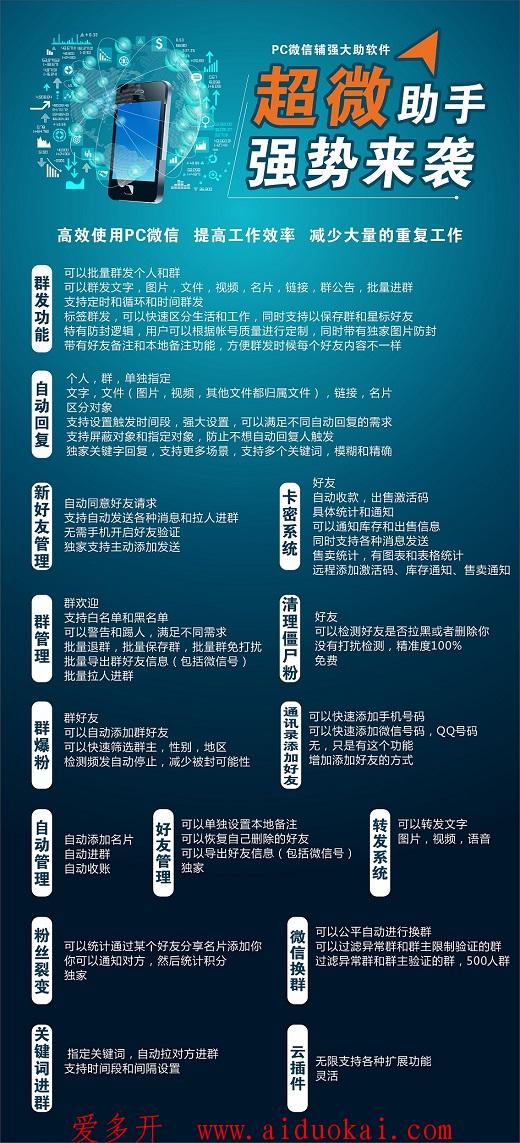 【超微助手官网】群管理-卡密系统-群发加人-自动拉群-云插件