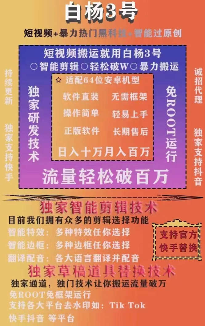 【白杨3号搬运软件】抖音快手短视频智能过原创-独家通道,独门技术让你搬运流量破万