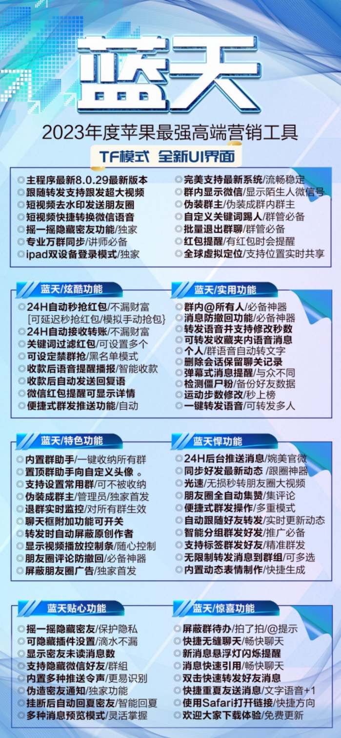 【苹果蓝天官网下载更新官网激活码激活授权码卡密】全新防封苹果多开《微信分身多开群发加人》微信多开